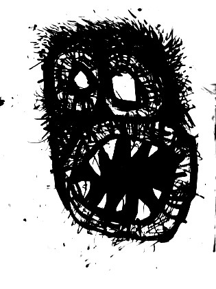black and white artwork, scary faces