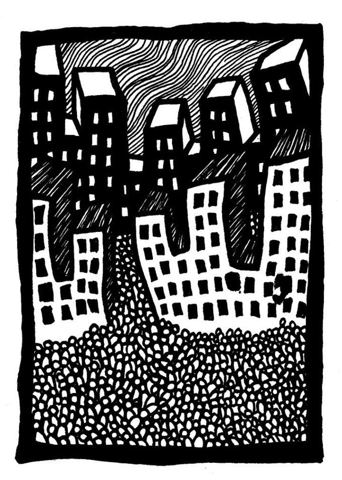 city artwork, ink, cartoon