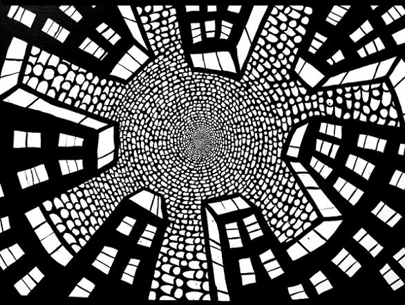 spiral city, black and white drawings